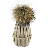 [モノジー] MONOZY キッズ ベビー ファー 付き 子供 ニット帽 選べる6色 ボンボン ニットキャップ 男女 兼用 秋 冬 帽子 (04) ベージュ)