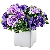 4インチの人工パープルローズフラワーArrangement正方形ホワイトセラミック花瓶