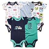 Romperinbox （ ロンパースインパック） ベビー ロンパース 男の子　綿100%　半袖ボディースーツ5枚セット (9～12ヶ月, グリーン・ブルー・車)