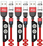 (株)アトラス マグネット充電ケーブル 1m x 3本 セット (赤) 3A 急速充電 データ転送/マグネット端子 ：MicroUSB, Type-C/端子ケース付き/アンドロイド スマートフォン用