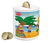 TikiバーPiggy Bank by Ambesonne、ハワイアンルアウパーティー面白い漫画スタイルDancers OnビーチFestive Tradition、印刷セラミックコイン銀行お金ボック