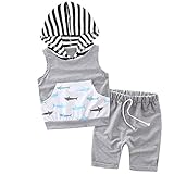 新生児の赤ん坊の男の子の幼児2本のストライプのノースリーブのパーカー+ショーツの服セット夏の服 (90)