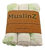 Muslinz Luxury Bamboo/Organic Cotton Muslin Squares (70 cm, White/Green Leaf Print by Muslinz