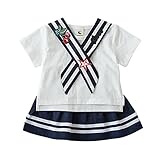 セーラー服 チュチュスカート プリーツスカート 半袖Tシャツ 夏 海軍風 制服 上下セット 桜桃 星 英字刺繍 1~3歳 ホワイト90cm