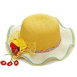 Spinas(スピナス) ベビー キッズ 夏 麦わら帽子 鈴付き 3D フラワー モチーフ リボン てんとう虫 コサージュ 女の子 全5色（ピンク　ブルー　レッド　イエロー　パープル） (イエロー)