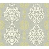York Wallcoverings WB5441 Botanical Fantasy Damask Stripe Wallpaper, Mottled Silver/Kiwi/Palest Grey