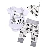 新生児　赤ちゃん　半袖　BABY プリント　ロンパース　小熊　ズボン　帽子　三点　セット 可愛い (12-18月, 灰)