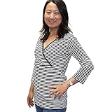 授乳　7分袖インナー　授乳服　マタニティ マタニティウェア インナー 下着 妊婦 ママシャツ 丈長シャツ mtk-303 (XL, 黒ボーダー)