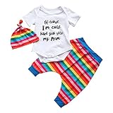 ベビー服　赤ちゃん服　ロンパース　ロングパンツ　帽子　半袖　虹　夏服　秋物　可愛い　女の子　3点セット　セットアップ　出産祝い　誕生日 (80)