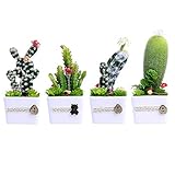 Suplaのセット4人工サボテン多肉植物サボテンフェイクタトゥーFaux Plant inホワイトセラミックプランターポット