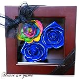 【高級プリザーブドフラワー】オランダ輸入生花*レインボーローズ・キラキラブルーローズ プリザーブドフラワーブラウンフレームボックス　誕生日 母の日　結婚記念日　プレゼント
