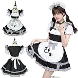 [MEYOIJK] メイド服 コスプレ 可愛い チェック柄 セクシー 猫 メイドコスチューム レディース アリス風 アイドル衣装 大きいサイズ 女装 かわいい ロリータ 制服 ハロウィン 仮装 6点セット 猫耳カチューシャ メイドカフェ 学園祭 (S, ホワイト+ブラック)