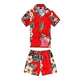 Boy Hawaiian Shirt and Shorts 2 Piece Cabana Set in Red with Panel Floral 4 Year Old [並行輸入品]