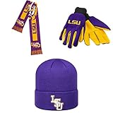 NCAA LSU Tigers Bigロゴスカーフ牽引ビーニー帽子とグリップ作業グローブ3パックバンドル