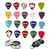 ギターピック、20パック、ギター、ベース、ウクレレ用、セルロイドとフェルトのピック、撥、薄、中、厚、超厚ゲージ、革製ピックホルダーとブリキ箱付き