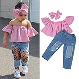 Aliciga 子供服 女の子 デニム オフショルダー 蝶結び 無地 パフ袖 ボートネックTシャツ+穴あるジーンズ+ヘッドバンド 上下セット ルース スカラップ ヘッドバンド リボン かわいい 春夏 