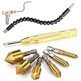 SILIVN 5枚刃 面取りカッター（6本組）+ 電動ドリルのお供 + 連結軸ドリル（フレキシブルシャフト) 六角軸 高速度鋼 ドリル下穴あけに　工具セット　