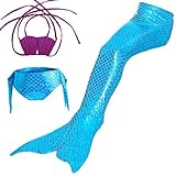 人魚 水着 マーメイド テール 3点セット ガールズ 夏 キッズ 子供 ベビー コスチューム 人魚姫 着やせ 海 泳ぎ みずぎ かわいい スイムテール 写真 撮影 ( 130 パープル + ダークブル