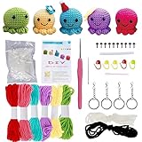 Pevcwa かぎ針セット かぎ針編みキット 編みぐるみ 初心者向けかぎ針編みスターターキット 小さなタコのかぎ針編みニットキット 愛らしい動物のかぎ針編みスターターパック 5色の糸詰めキーホルダー付き(5色セット)