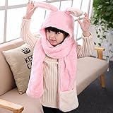 子供用　ウサギデザイン　かわいい　多機能　帽子　マフラー　手袋　耳覆い機能　スカーフ　グローブ　ふわふわ　防寒対策　キッズ　女の子対応　ワンピース (ピンク１)