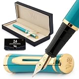 Wordsworth & Black Fountain Pen Set, Medium Nib, Includes 6 Ink Cartridges and Ink Refill Converter, Gift Case, Journaling, Calligraphy, Smooth Writing Pens [Turquoise Gold]