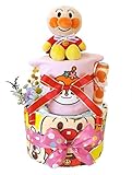 おむつケーキ アンパンマン 2段 ピンク 女の子用 (パンパースMサイズ（21枚入り）, スタイA)