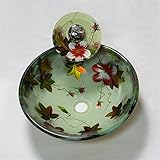Tophome 洗面ボール ガラス 洗面ボウル 蛇口セット 洗面台 洗面鉢彩色上絵 手洗い器　手洗器 強化ガラス製 手洗い器おしゃれ 排水金具付 蛇口付き 葉＆花柄　円形