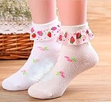 【 Angel Kids 】 いちご レース 靴下 ジュニア 4足 セット フリル リボン 女の子 パーティ 発表会 (14-17㎝)