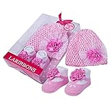 LaRibbons 幼児 エッセンシャル ベビー 女の子 かぎ針編み 帽子 & 靴下 ハット & ソックス ギフト セット (ピンク)