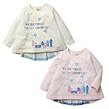 (ピンク/80cm)子供服 女の子 Tシャツ 長袖 デザインプリント バック星柄切替 リボン装飾 女児 ベビー