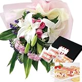 花とスイーツ ギフトセット 豪華 ユリ ピンクバラ 花束 と アマンドクリームケーキ