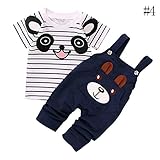 Nice Days（ナイス　ディズ）　 ベビー服 セットアップ サロペット オーバーオール Tシャツ セット 可愛い パンダちゃん ストライプ柄 春夏 出産お祝い プレゼント (80, 紺色)