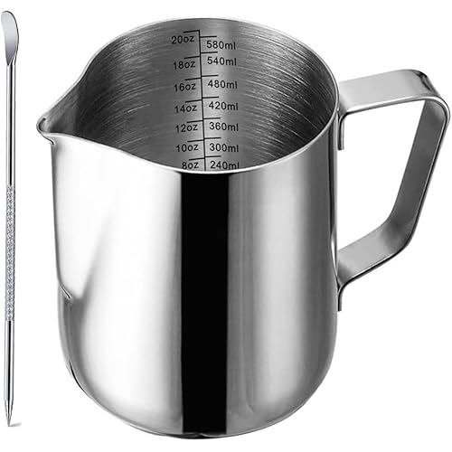 Milk Frothing Pitcher with Decorating Art Pen SUS304, Stainless Steel Milk Frother Cup Steaming Measurements Inside for Espre