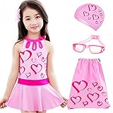 [FERE8890] 女の子 ベビー 水着 4点セット スイムキャップ ゴーグル バッグ ワンピース 超可愛い 学生用 プリント エレガント スイミングプール ピンク A XXL 適合身長120〜13