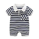 DWSIOOW ボーダーシャツロンパース ベビー服 つなぎ 半袖ボディシャツ キッズ 子供服 ショートオール ボーダーTオール 男の子女の子 夏 ギフト 出産祝い (73cm(6-9ヶ月), ネイビー