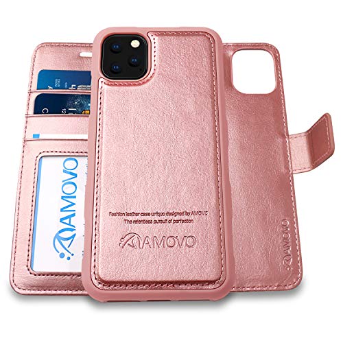 AMOVO iPhone 11 Pro ケース 手帳型 分離式 マグネット 取り外し自由 ワイヤレス充電に対応 カード収納 横開き スタンド機能 アイフォン 11 Pro 手帳カバー (iPhone 11 Pro 5.8インチ,ローズゴールド)