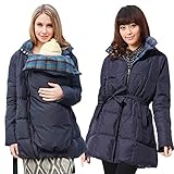Sweet Mommy 抱っこ・おんぶ対応 ダウンママコート リバーシブル 無地＆チェック柄 首元あったか 両面ポケット付き ダッカー付き ウエストリボン付き 産前産後 マタニティ L ネイビー×ブル