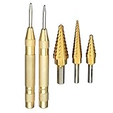 Drillpro ステップドリル チタン ドリルビットセット ホールカッター 穴カッター 3本ドリルセット 2本オートセンターポンチ ポーチ付