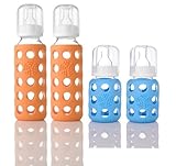 Lifefactory Bpa-free Glass Baby Bottles w/ Silicone Sleeve, 9oz Orange and 4 Oz Sky Blue-4 Pack by L