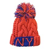 ( YUNA ） ユナ 手編み ビック ボンボン ツートン リブ編み NY ロゴ ニット帽　48～58cm くらい まで　（　レッド　) ニット帽 キッズ ベビー キャップ ニット帽子 子ども 男の子