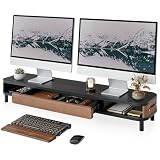 Fenge モニター台 卓上 デスクシェルフ パソコン台 pc台 108cm横幅 2段 木製天板 引き出し付き モニターだい ディスプレイ台 机上台 ディスプレイスタンド (ブラック)
