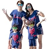 （JUTAOPIN）【親子 ペアルック】 親子 ペア ｔシャツ ＆ ショートパンツ レディース 親子ペア パパ ママ 春 夏 メンズ 子供 男の子 女の子 ｔシャツ 半袖 ブルー ラブ 90 100 