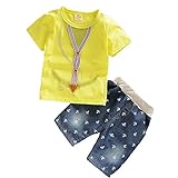 【SEBLES】ベビー 赤ちゃん 男の子 女の子 ユニセックス 半袖 プリント 無地 デニム イカリ柄 パンツ ボトムス ツーピース セット コットン 綿 初夏 夏(イエロー,110cm)