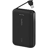 Belkin モバイルバッテリー(10000mAh, 20W, USB-Cケーブル内蔵) 3C対応 最大20W PD高速充電対応 PPS対応 iPhone&Androidスマホ対応 2台同時充電 PSE技術基準適合 軽量&コンパクト 機内持ち込み可能