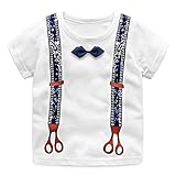 LittleSpring夏 ボーイズ 男の子 コットン 蝶ネクタイ付き 半袖Ｔシャツ サスペンダー風 半袖トップス 紳士風 ベビーＴシャツ ホワイト90