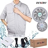 DEWBU 空調服 作業服 空調風神服 熱中症対策 長袖 半袖 工場内 屋外 農業 エアークラフト (半袖グレー, L)