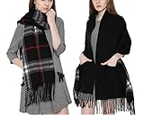 Emoyi マフラー 大判 ストール ロングマフラー　チェック マフラー フリンジ メンズ レディース 男女 兼用 (黒)
