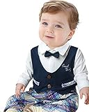 ベストと爽やかチェック柄ズボンが可愛い！暖か素材　男の子フォーマルロンパース【サイズ80-90-95】カラー・ネイビー・ベージュ　結婚式や御祝いに！ (95cm, ネイビー)