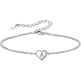 Silvora Initial Bracelet for Women Sterling Silver Heart Charm Bracelets Tiny Letter Pendant Hand Jewellery Adjustable 6.3"+2