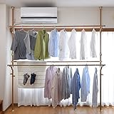 山善(YAMAZEN) 布団も干せる 簡単設置 窓際 突っ張り物干し ハンガーラック ナチュラル(木目) WJM-3(GNA)